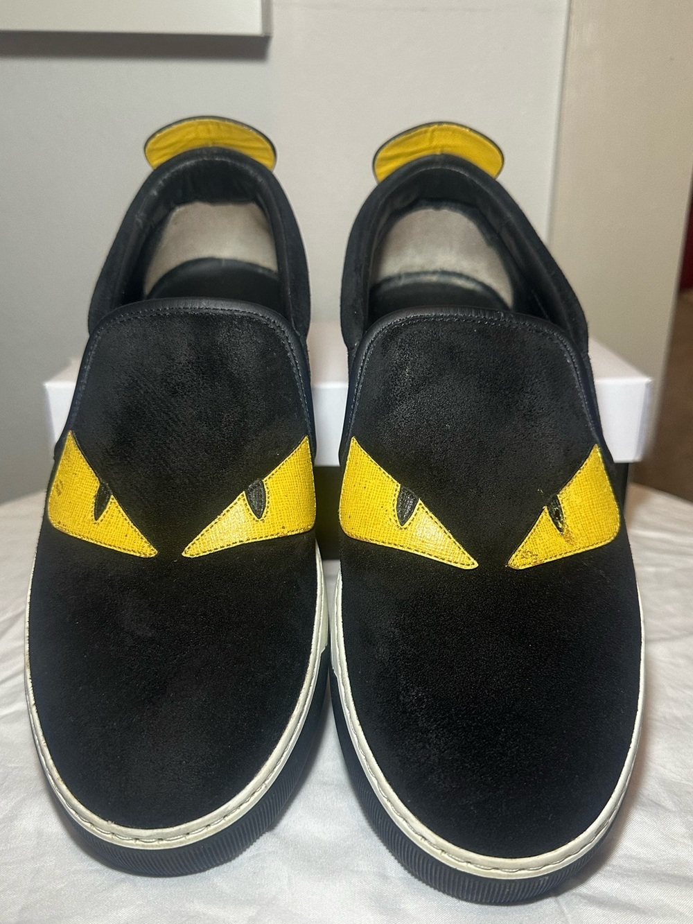 Authentic Fendi Men's Black Suede "Monster Eyes" Slip-On Sneakers